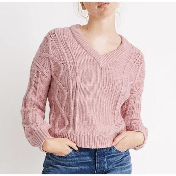 Madewell Pink Augustus Cable Knit V-Neck Sweater‎ 100% Cotton, Size XS - Picture 1 of 12